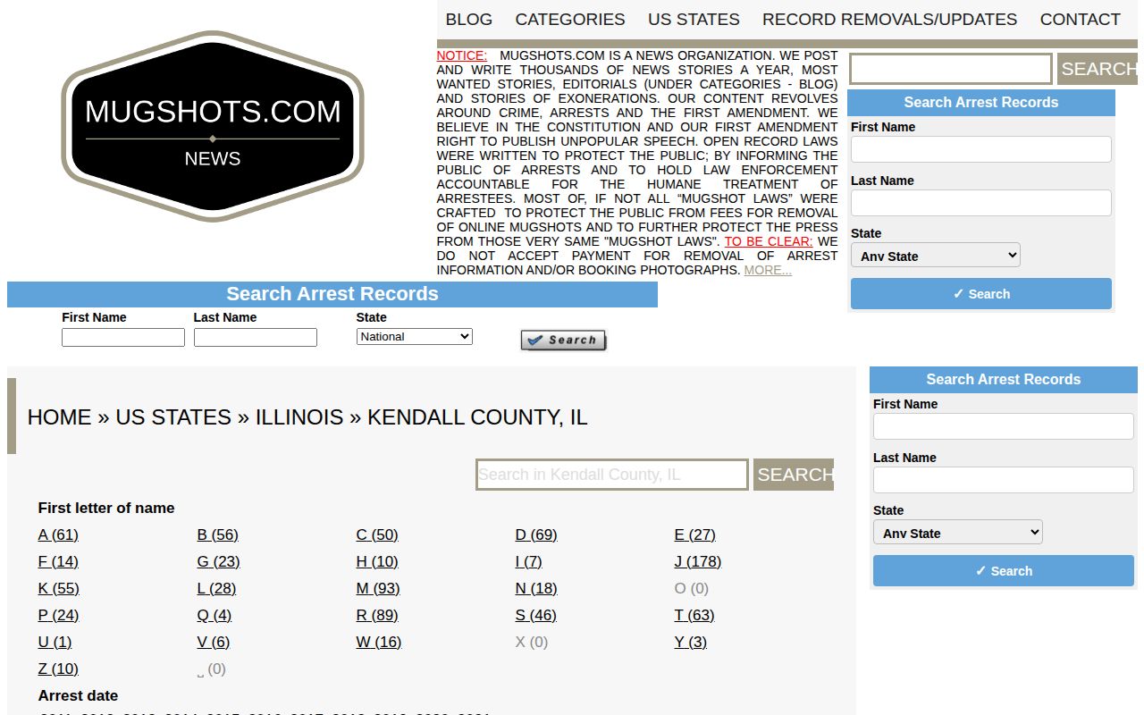 Unofficial Mugshots.com Kendall County historical arrest archive