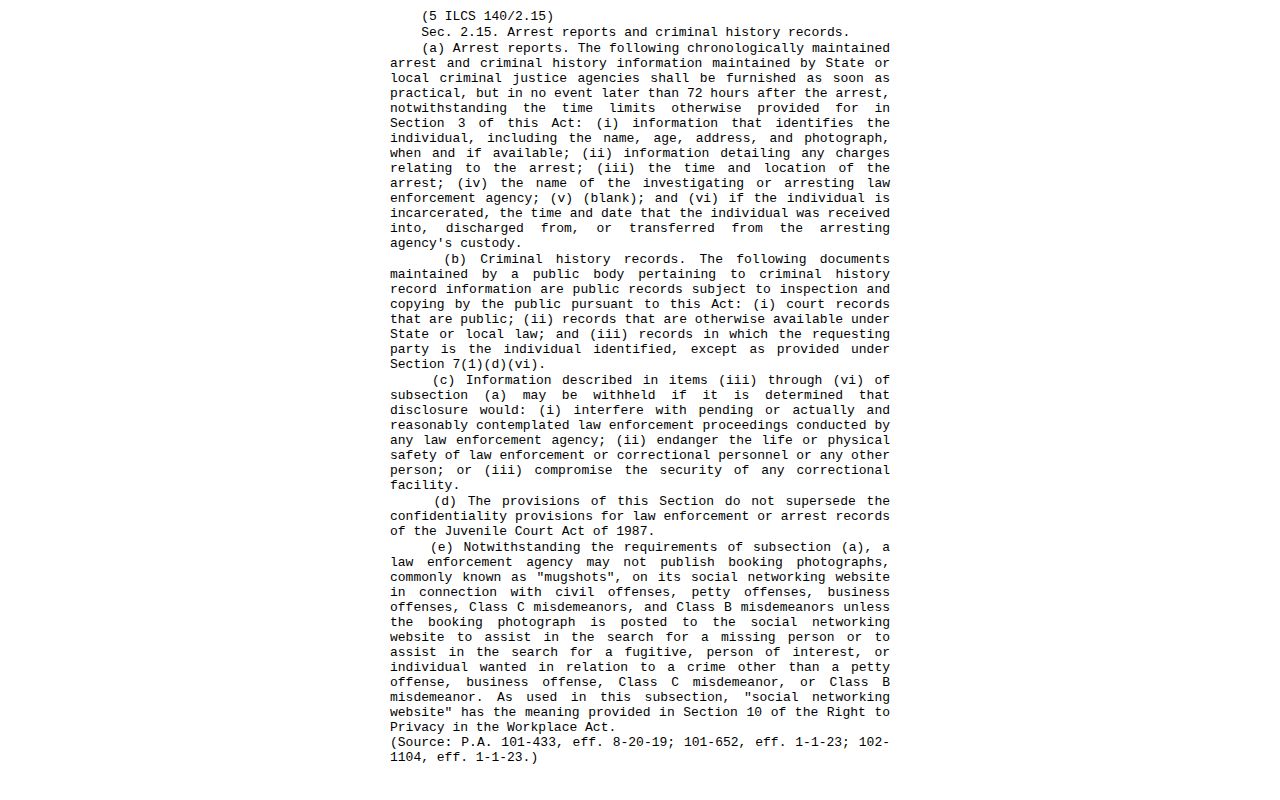 Illinois public arrest-record statute source for Kendall County booking records