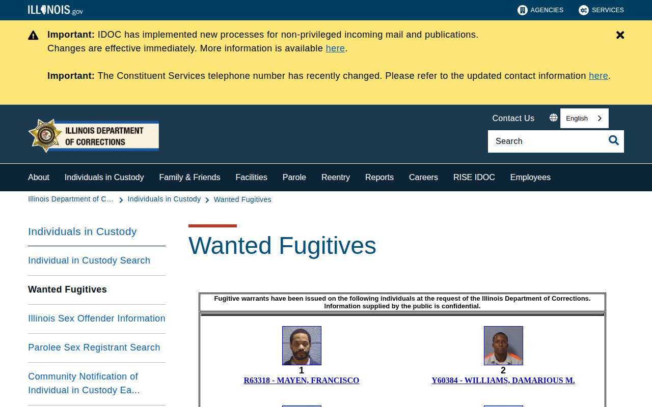 Illinois Department of Corrections wanted-fugitives source, not a Kendall County roster